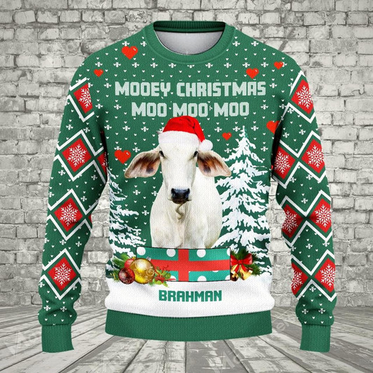 Goofygearprints Brahman Green Ugly Christmas Sweater, Sweater Gifts For Pet Loves, Farmers Sweater