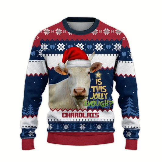 Goofygearprints Charolais Jolly Ugly Christmas Sweater, Sweater Gifts For Pet Loves, Farmers Sweater