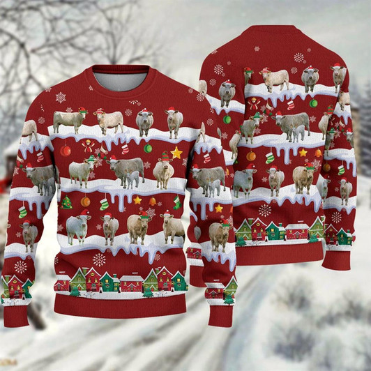 Goofygearprints Charolais Ugly Christmas Sweater, Sweater Gifts For Pet Loves, Farmers Sweater