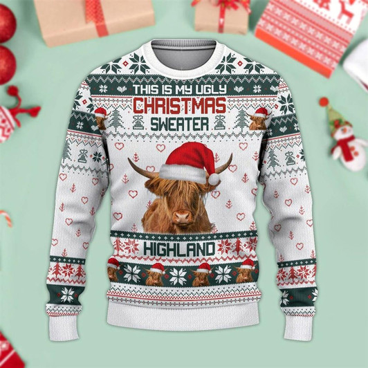 Goofygearprints Highland Cattle Green Ugly Christmas Sweater, Sweater Gifts For Pet Loves, Farmers Sweater