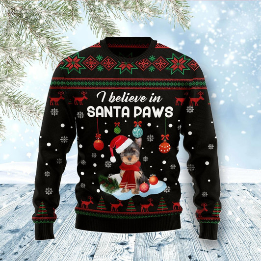 Goofygearprints Yorkshire Terrier Santa Paw Ugly Christmas Sweater, I Believe in Santa Paw Dog Ugly Sweater