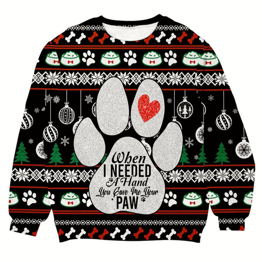Goofygearprints When I Need A Hand You Gave Me Your Paw Ugly Christmas Sweater, Gift for Dog Lovers
