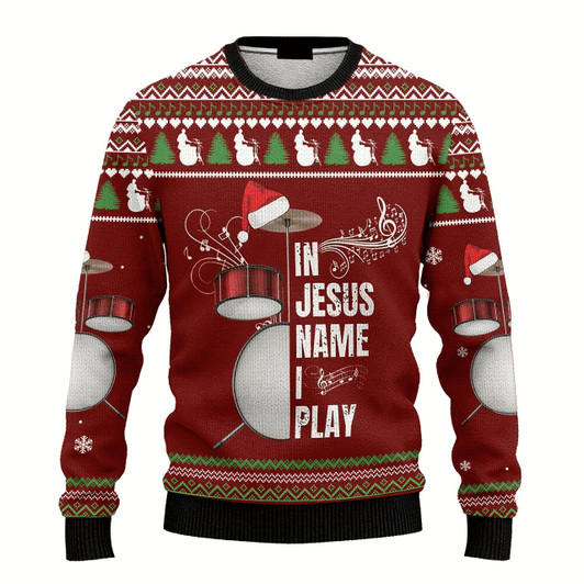 Goofygearprints Hobby Drum Music In Jesus Name I Play Ugly Christmas Sweater