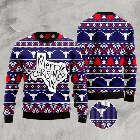 Goofygearprints Merry Christmas Ya'll Funny Ugly Sweater, Texas Ugly Christmas Sweater