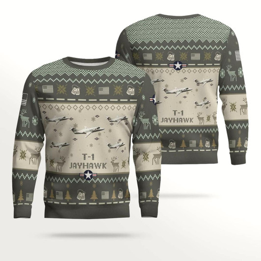 Goofygearprints T-1 Jayhawk T1 USAF Aircraft Ugly Sweater, Ugly Sweater Christmas Shirt for Men Dad Veteran