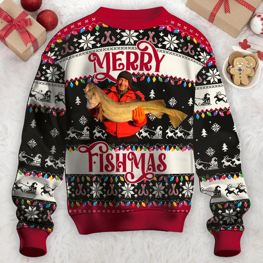 Goofygearprints Custom Photo Fish Ugly Christmas Sweater, Perfect Gift for Fisher