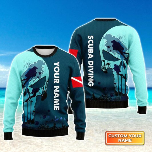 Goofygearprints Personalized Name Scuba Diving Skull Reaper 3D Ugly Christmas Sweater