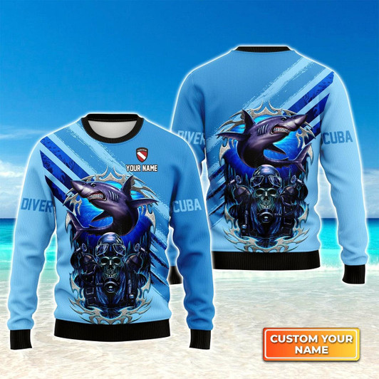 Goofygearprints Personalized Skull Reaper With Scuba Diving Tank Set And Shark Ugly Christmas Sweater
