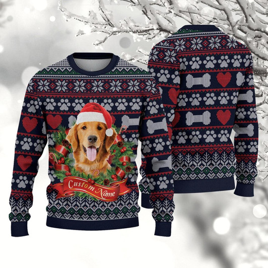 Goofygearprints Personalized Pet Face Christmas Funny Laurel Wreath Vintage Pattern Sweater Custom Pet Face Christmas Sweater Gift For Dog Dad