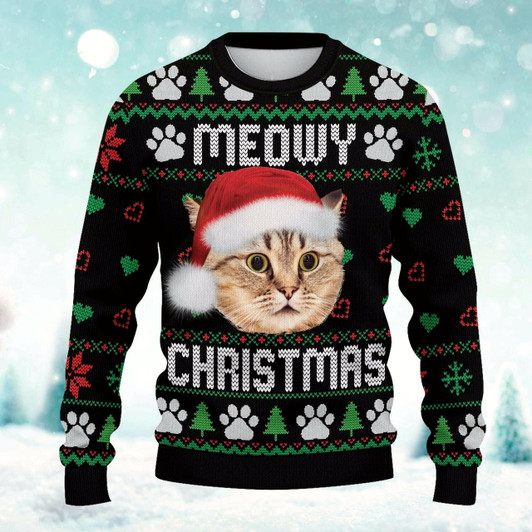Goofygearprints Personalized Meowy Christmas Shirt Cat Custom Photo Ugly Christmas Sweater Santa Cat Lovers Xmas Sweatshirt Cat Lover All Over Print Sweater