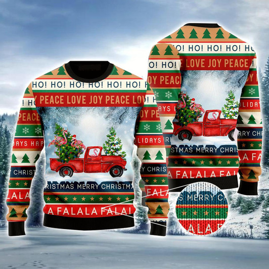 Goofygearprints Flamingo Ugly Sweater, Funny Flamingo With Red Truck Christmas Holiday Ugly Sweater For Men & Women