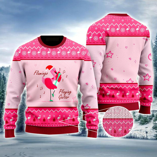 Goofygearprints Funny Flamingo Playing Guitar Christmas Pink Ugly Sweater For Men & Women