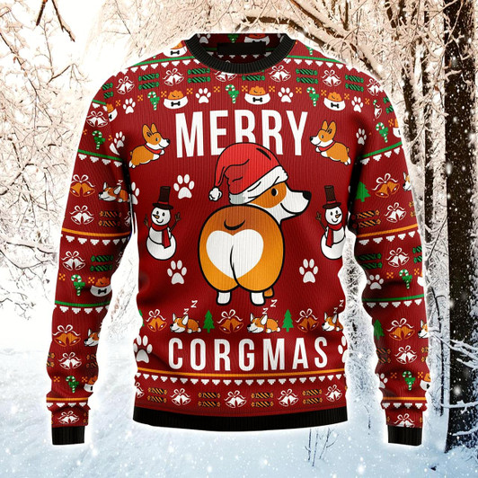 Goofygearprints Funny Corgi Ugly Christmas Sweater, Merry Corgmas Pattern Ugly Sweater For Men & Women