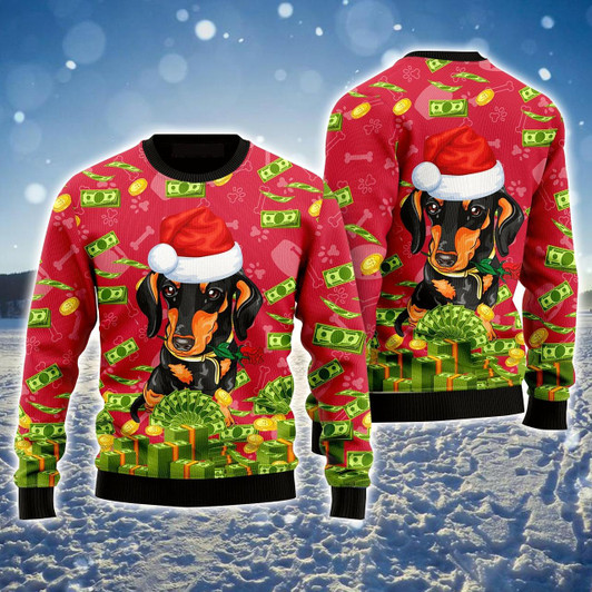 Goofygearprints Rich Dachshund Ugly Sweater, Funny Dachshund & Money Ugly Sweater For Men & Women, Perfect Gift For Dachshund Lover