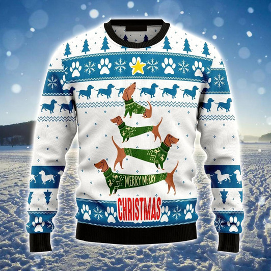 Goofygearprints Dachshund Ugly Sweater, Cute Dachshund Winter Pattern Ugly Sweater For Men & Women, Perfect Gift For Dachshund Lover