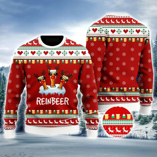 Goofygearprints Reindeer Ugly Sweater, Funny Reindeer Reinbeer Christmas Red Ugly Sweater For Men & Women