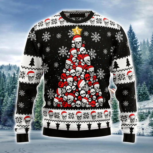 Goofygearprints Skull Pine Tree Ugly Christmas Sweater, Christmas Pattern Ugly Sweater For Men & Women