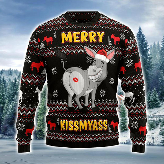 Goofygearprints Donkeys Merry Kissmyass Ugly Christmas Sweater, Funny Christmas Ugly Sweater For Men & Wome