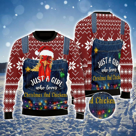 Goofygearprints Christmas & Chicken Ugly Sweater, Funny Chicken Ugly Sweater, Just A Girl Who Loves Christmas & Chicken Sweater