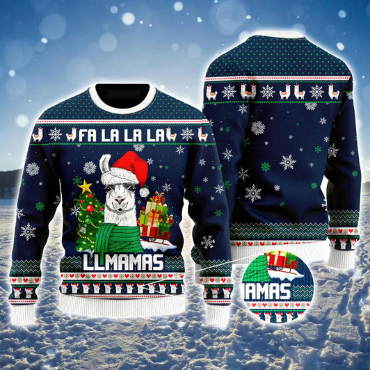 Goofygearprints Christmas Alpaca Ugly Sweater, Falalala Llmamas Ugly Sweater, Funny Alpaca Pattern Blue Sweater