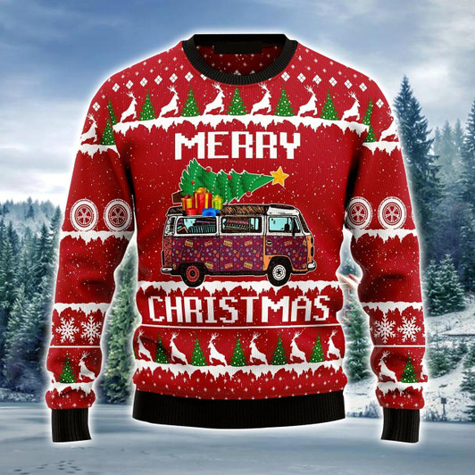 Goofygearprints Hippie Car Ugly Sweater, Christmas Pattern Red Ugly Sweater For Men & Women, Perfect Gift For Camping Hippie Lover