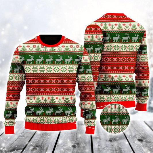 Goofygearprints Reindeer Pattern Ugly Sweater, Vintage Tacky Christmas Ugly Sweater For Men & Women