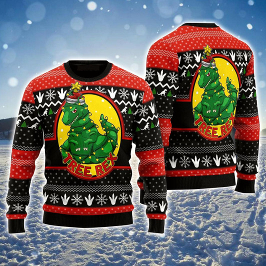 Goofygearprints Tree Rex Ugly Christmas Sweater, Christmas Pattern Ugly Sweater For Men & Women
