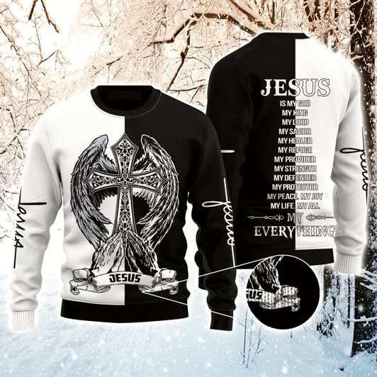 Goofygearprints Cross & Wings Ugly Sweater, Jesus Is My Everything Sweater For Men & Women, Perfect Gift For Christian