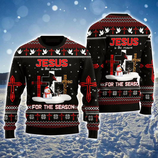 Goofygearprints The Reason For The Season Ugly Sweater, Snowman & Cross Black Sweater, Perfect Gift For Christian
