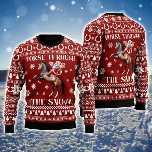 Goofygearprints Horse Ugly Sweater, Horse Through The Show Ugly Sweater, Funny Santa Clause Red Ugly Sweater For Horse Lover