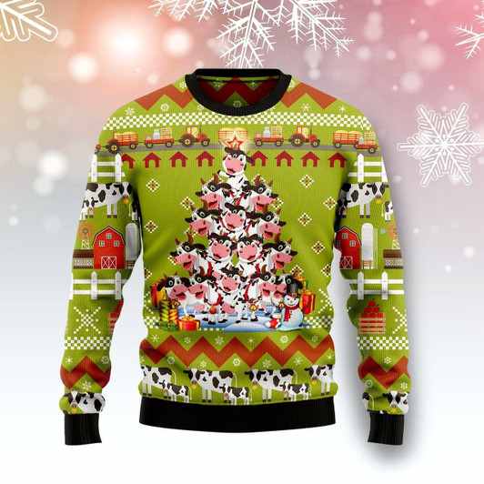 Goofygearprints Cow Pine Tree Christmas Ugly Christmas Sweater, Perfect Shirt for Cow Farmer