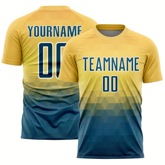 Goofygearprints Yellow US Navy Blue White Geometric Triangle Sublimation Soccer Uniform Jersey, Custom Team Soccer Jersey Shirt