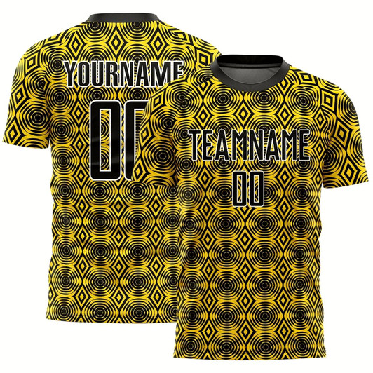 Goofygearprints Yellow Black White Geometric Shapes Sublimation Soccer Uniform Jersey, Custom Team Soccer Jersey Shirt