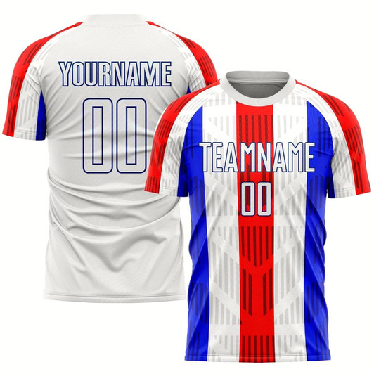 Goofygearprints White White Royal Sublimation Soccer Uniform Jersey, Custom Team Soccer Jersey Shirt
