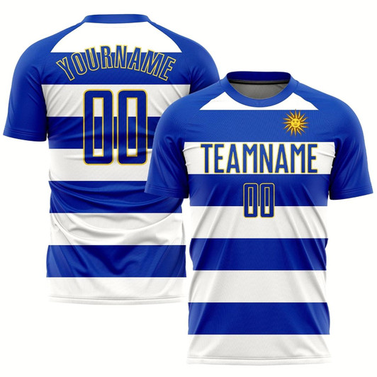 Goofygearprints White Royal Gold Sublimation Uruguayan Flag Soccer Uniform Jersey, Custom Team Soccer Jersey Shirt