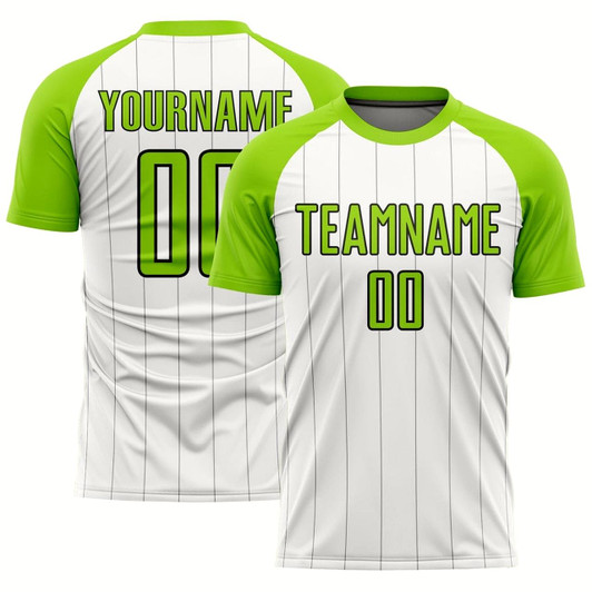 Goofygearprints White Neon Green Black Pinstripe Sublimation Soccer Uniform Jersey, Custom Team Soccer Jersey Shirt