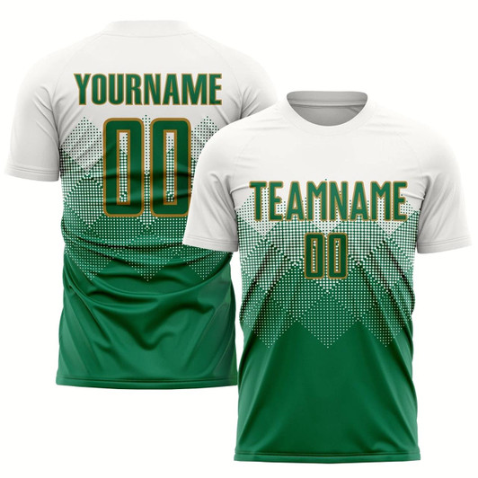 Goofygearprints White Kelly Green Old Gold Sublimation Soccer Uniform Jersey, Custom Team Soccer Jersey Shirt
