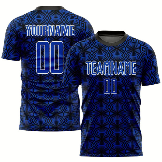 Goofygearprints Thunder Blue Black White Geometric Shapes Sublimation Soccer Uniform Jersey, Custom Team Soccer Jersey Shirt