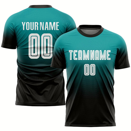 Goofygearprints Teal White Black Sublimation Fade Fashion Soccer Uniform Jersey, Custom Team Soccer Jersey Shirt