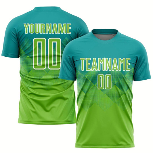 Goofygearprints Teal Neon Green White Sublimation Soccer Uniform Jersey, Custom Team Soccer Jersey Shirt