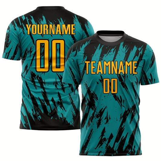 Goofygearprints Teal Gold Black Sublimation Soccer Uniform Jersey, Custom Team Soccer Jersey Shirt