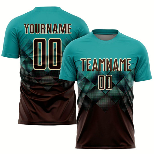 Goofygearprints Teal Brown Cream Sublimation Soccer Uniform Jersey, Custom Team Soccer Jersey Shirt