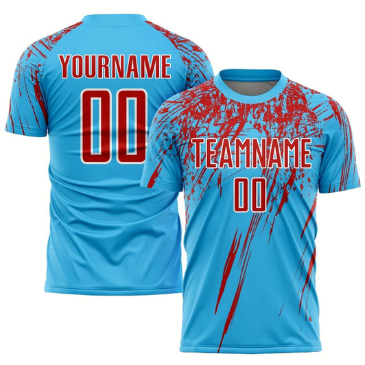 Goofygearprints Sky Blue Red White Sublimation Soccer Uniform Jersey, Custom Team Soccer Jersey Shirt
