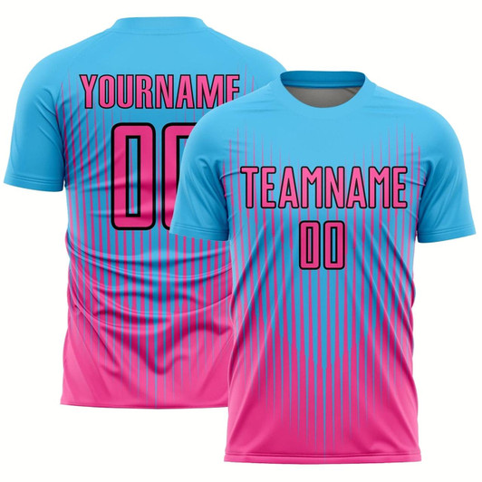 Goofygearprints Sky Blue Pink Black Lines Sublimation Soccer Uniform Jersey, Custom Team Soccer Jersey Shirt