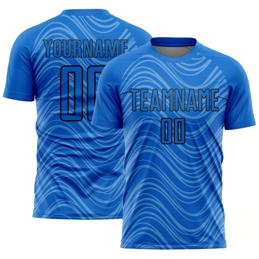 Goofygearprints Sky Blue Black Wavy Lines Sublimation Soccer Uniform Jersey, Custom Team Soccer Jersey Shirt