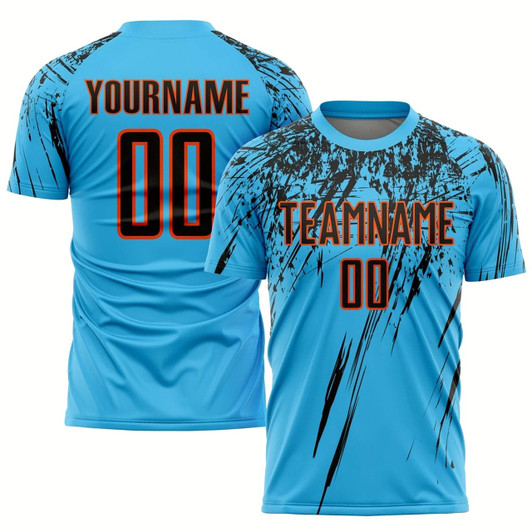 Goofygearprints Sky Blue Black Orange Sublimation Soccer Uniform Jersey, Custom Team Soccer Jersey Shirt