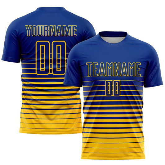 Goofygearprints Royal Yellow Pinstripe Fade Fashion Sublimation Soccer Uniform Jersey, Custom Team Soccer Jersey Shirt