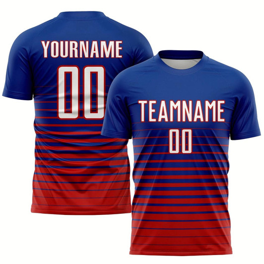 Goofygearprints Royal White Red Pinstripe Fade Fashion Sublimation Soccer Uniform Jersey, Custom Team Soccer Jersey Shirt