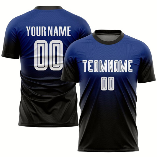 Goofygearprints Royal White Black Sublimation Fade Fashion Soccer Uniform Jersey, Custom Team Soccer Jersey Shirt
