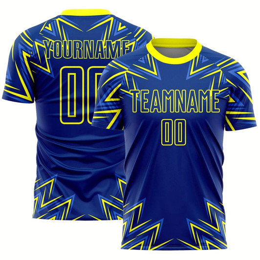 Goofygearprints Royal Neon Yellow Geometric Shapes Sublimation Soccer Uniform Jersey, Custom Team Soccer Jersey Shirt